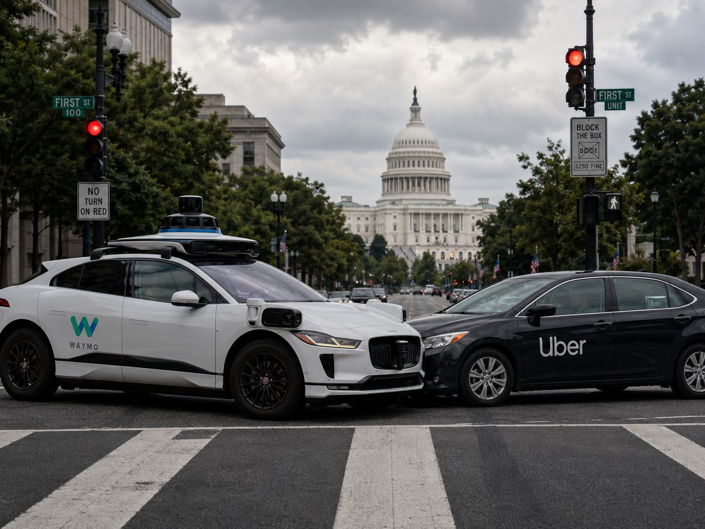 Waymo and Uber vehicles in front of the U.S. Capitol